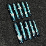 Armadura feita à mão flash olho de gato azul 5D relevo borboleta unha longa arte super longa cachimbo de água unha ｜365nails