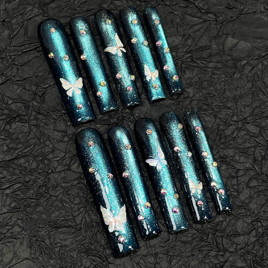 Handmade armor flash blue cat eye 5D relief butterfly  long nail art  super long water pipe nail｜365nails