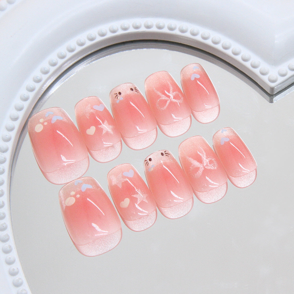 Pontas de unhas pré-fabricadas Linhas de unhas Cat Love Cat Eye Blush francês Laço Sweet Star Wear unhas 30 peças ｜ 365 unhas