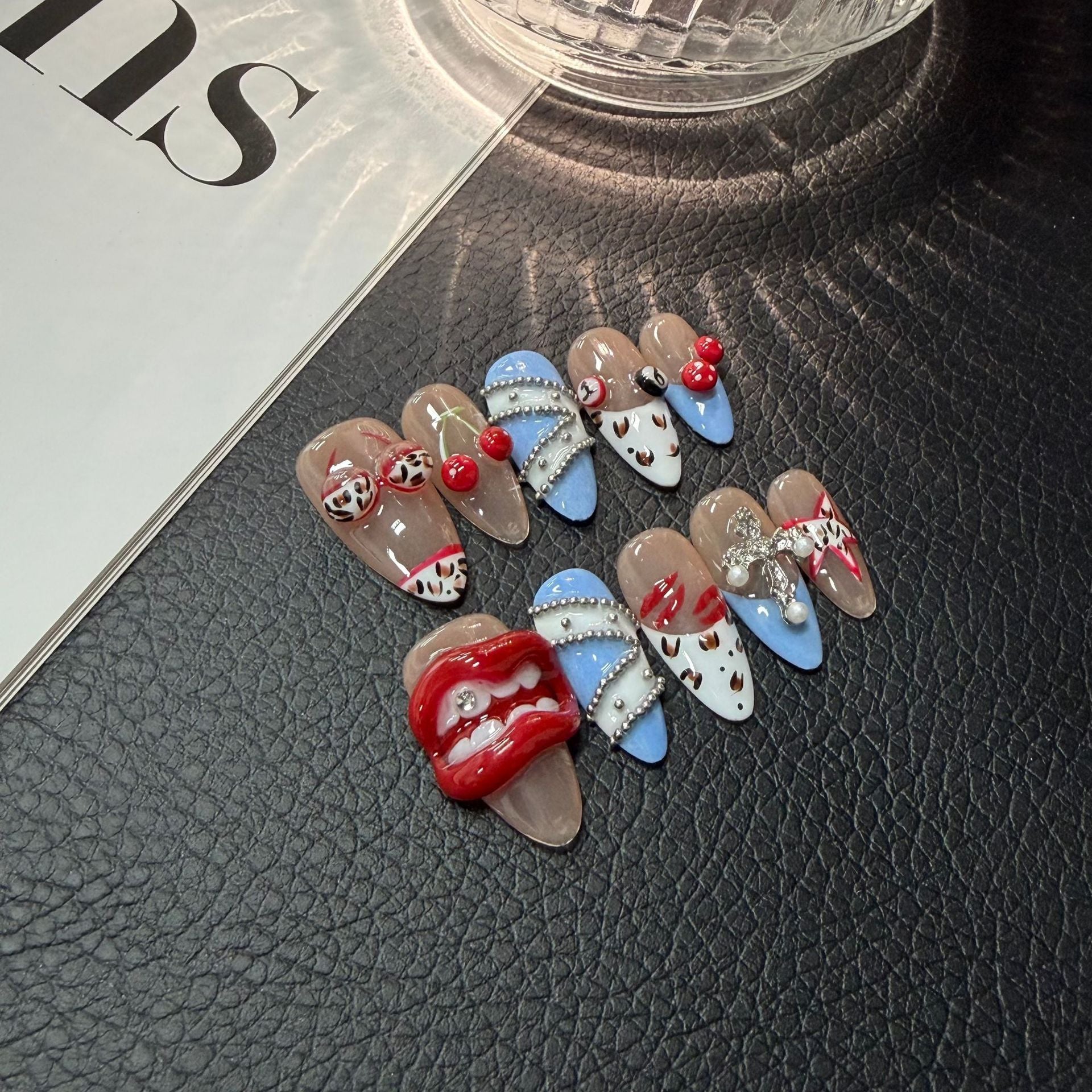 365nails: "Cherry Pop" – 3D Lip & Heart Handmade Medium Almond Nails