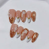 365nails: "Golden Bloom" – 3D Floral & Gold Leaf Handmade Almond Nails