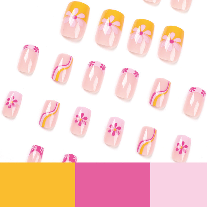 粉黃邊法式花朵波浪成品甲片 批發｜365nails
