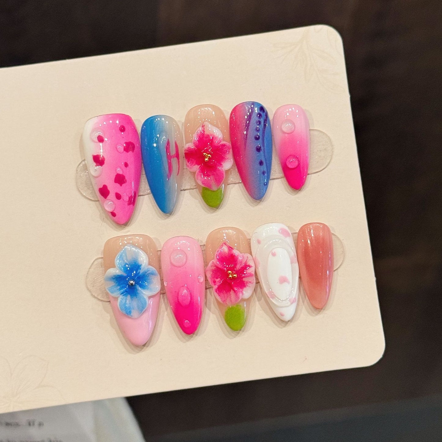 Pink Blue Floral Bright Summer Nails