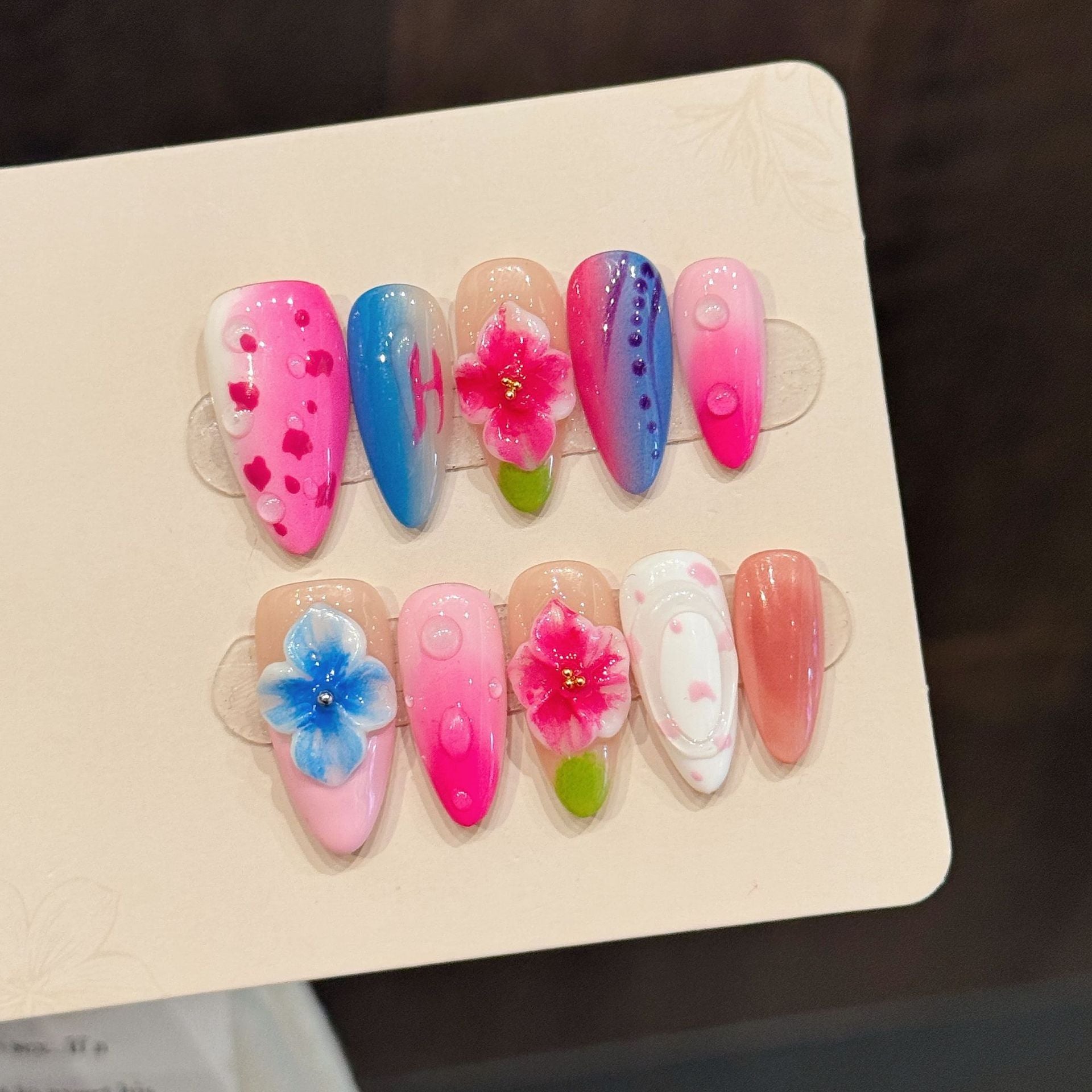 Pink Blue Floral Bright Summer Nails