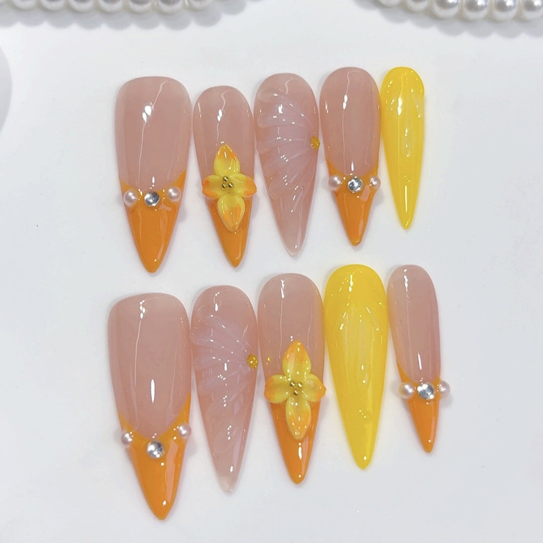 Sunset Bloom: "Aurora Flower" – Unhas Postiças Longas Almond
