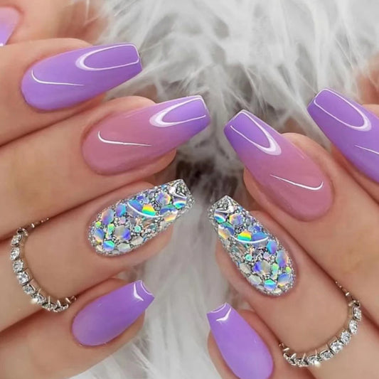 Wearable nail sticker Purple gradual change Wearable nail piece Finished silver sequined fake nail Removable finished nail｜365nails