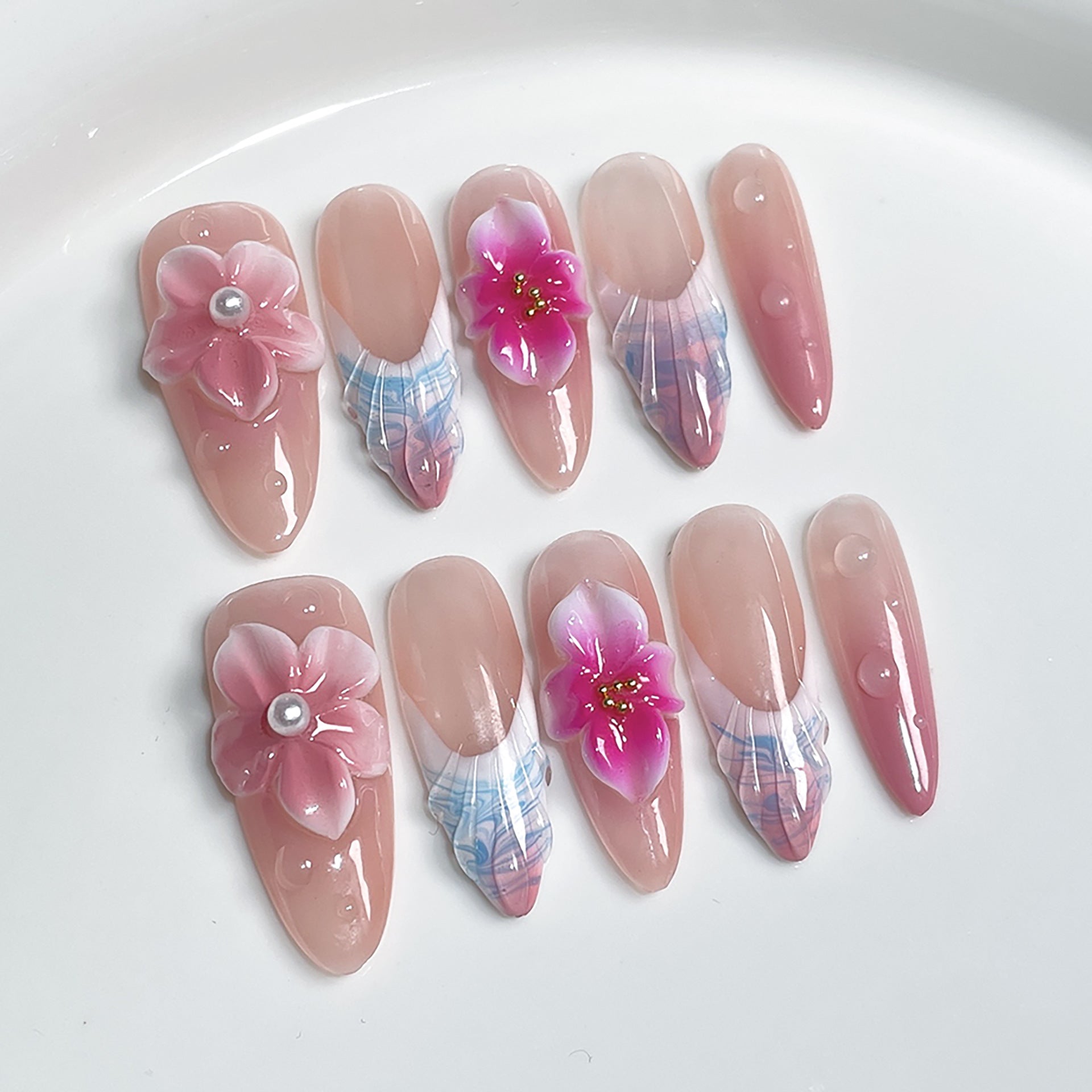 Uñas postizas hechas a mano, diseño francés con rubor, transparente, talla tridimensional, punta larga, parche, venta al por mayor | 365nails