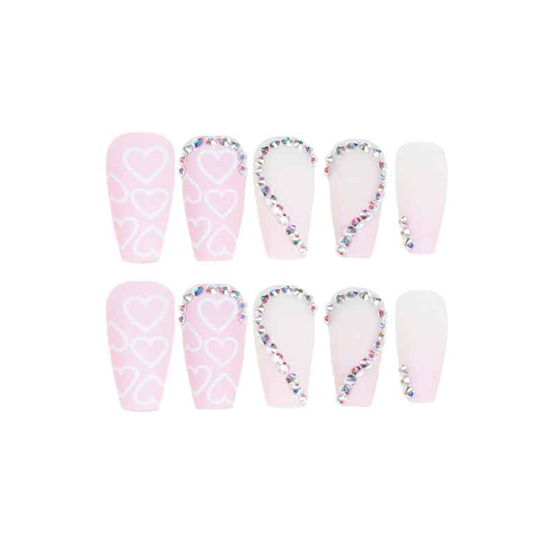 Pink love rhinestone  wholesale nail piece nail piece finished product removable ultra-thin nail piece｜365nails