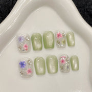 365nails: "Campo Sussurrante" – Unhas Curtas Quadradas 3D Florais e Olho de Gato Feitas à Mão