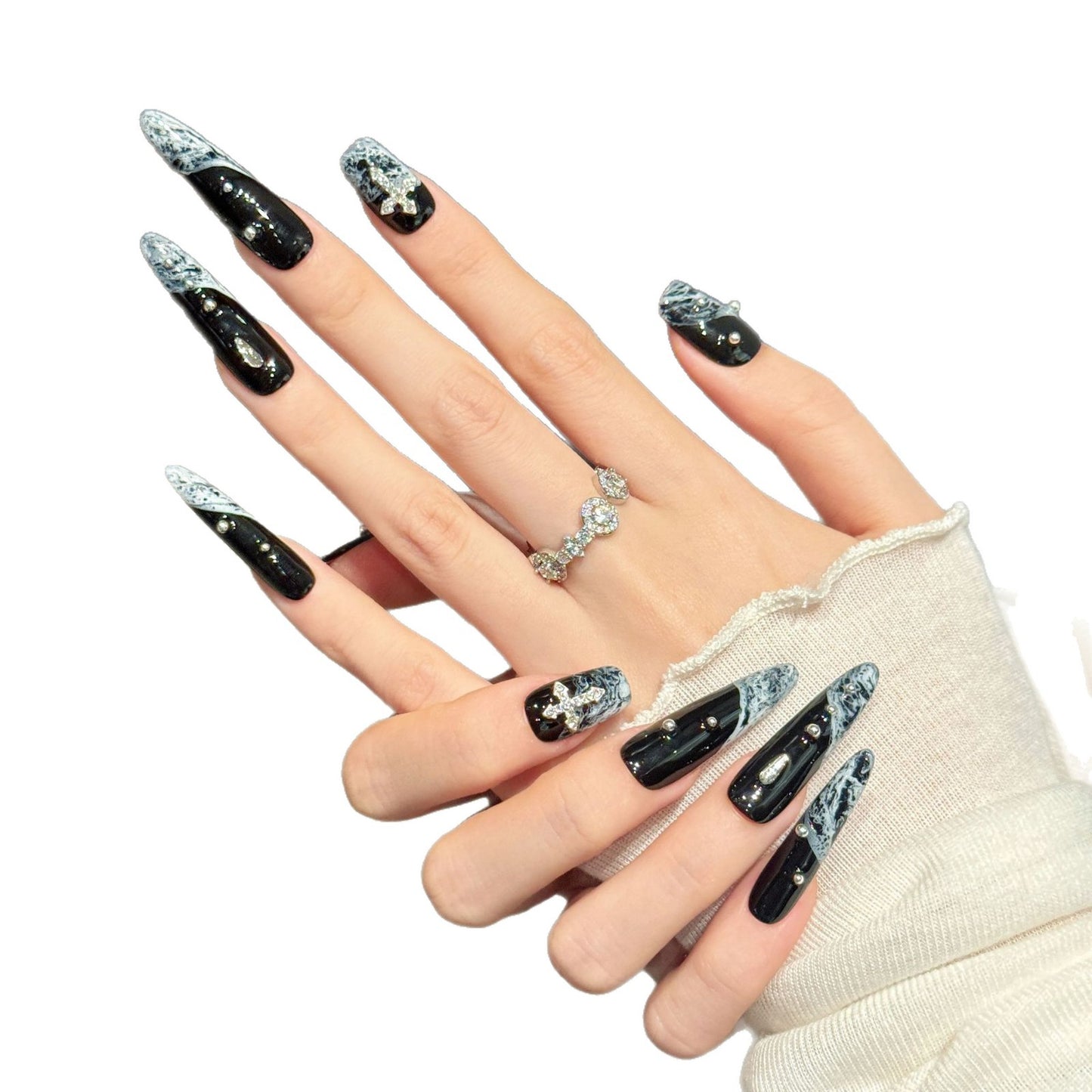 Gothic Black Night Sky Marble Cross Press-On Nails