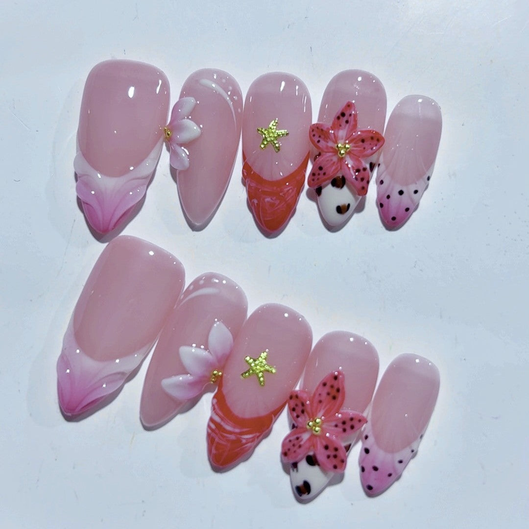 Whimsical Couture: "Strawberry Cow & Floral Fantasy" – Almond French Tip Press Ons