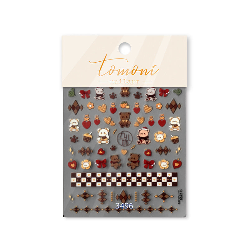 Chocolate Teddy Bear Nail Stickers – 5D Embossed Sweet Checkerboard Set