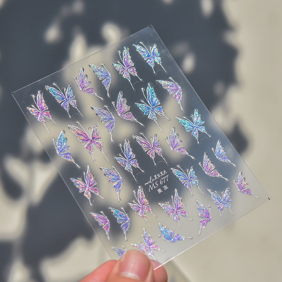 Holographic Iridescent Butterfly Nail Stickers – 5D Embossed Fairy Wing Set