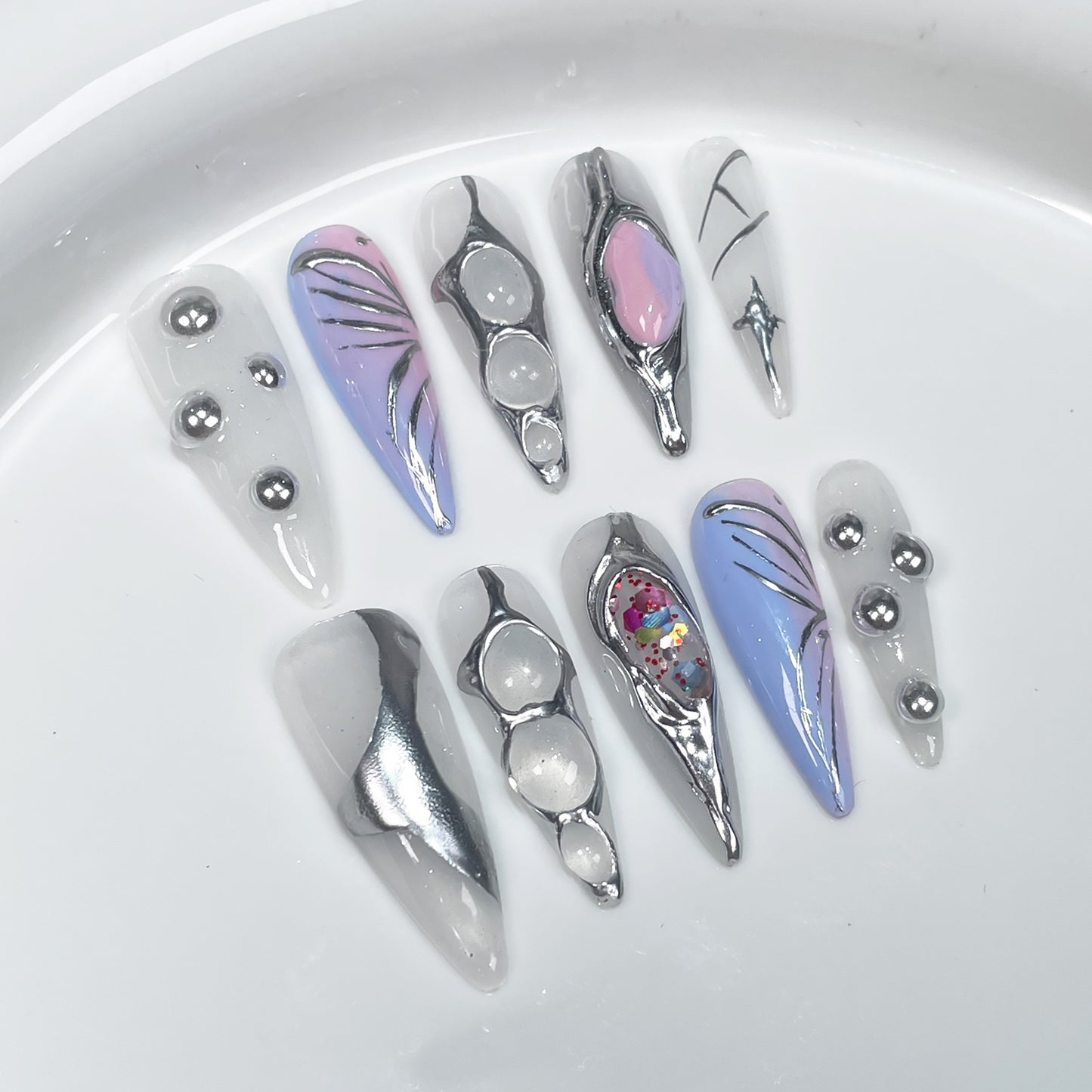 Handmade press on nails two-color gradual change ice through irregular metal relief  long pointed nail art wearable fake nails｜365nails