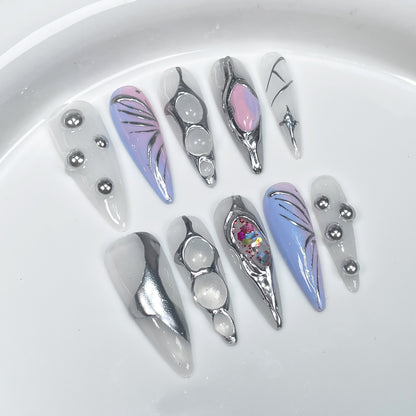 Handmade press on nails two-color gradual change ice through irregular metal relief  long pointed nail art wearable fake nails｜365nails