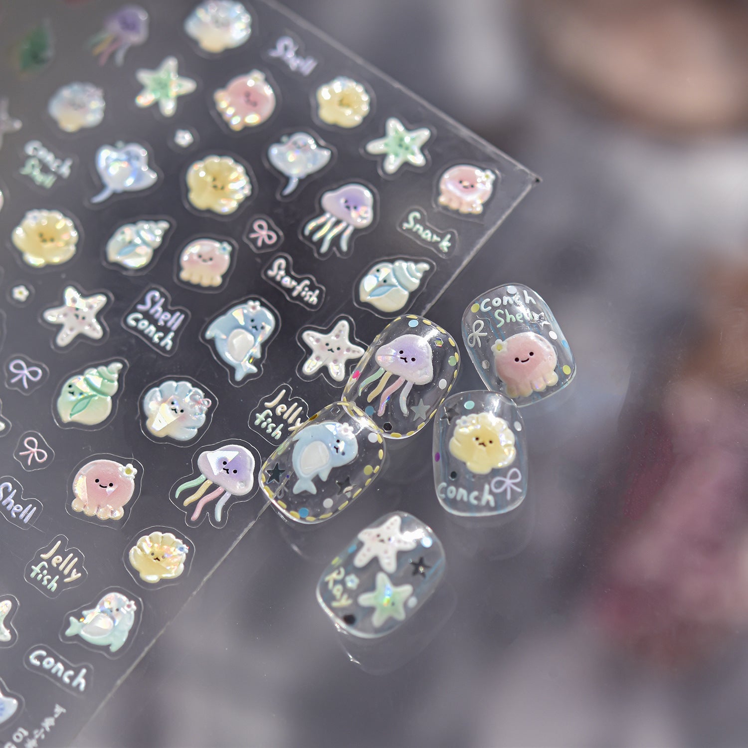 Kawaii Pet Shell Light Collection: "Cute Pet & Shell Light" – 3D Embossed Nail Sticker