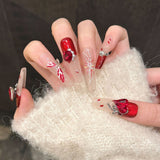 365nails: "Crimson Blossom" – Hand-Painted Floral & Gemstone Accents Press-On Nails Coffin Nails