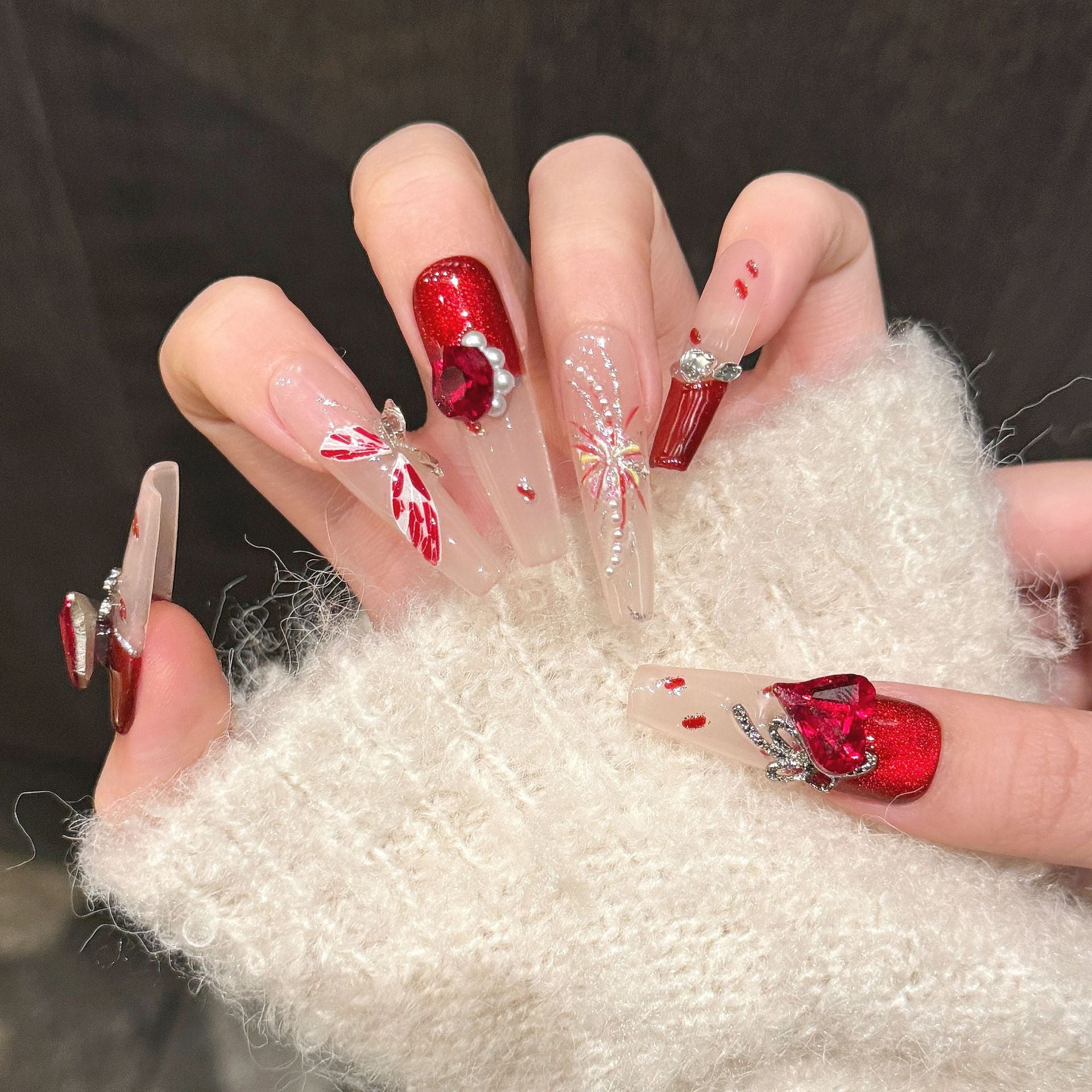 365nails: "Crimson Blossom" – Hand-Painted Floral & Gemstone Accents Press-On Nails Coffin Nails