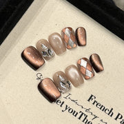 365nails: "Copper Chic" – Metallic Cat-Eye & Argyle Print Handmade Short Square Nails