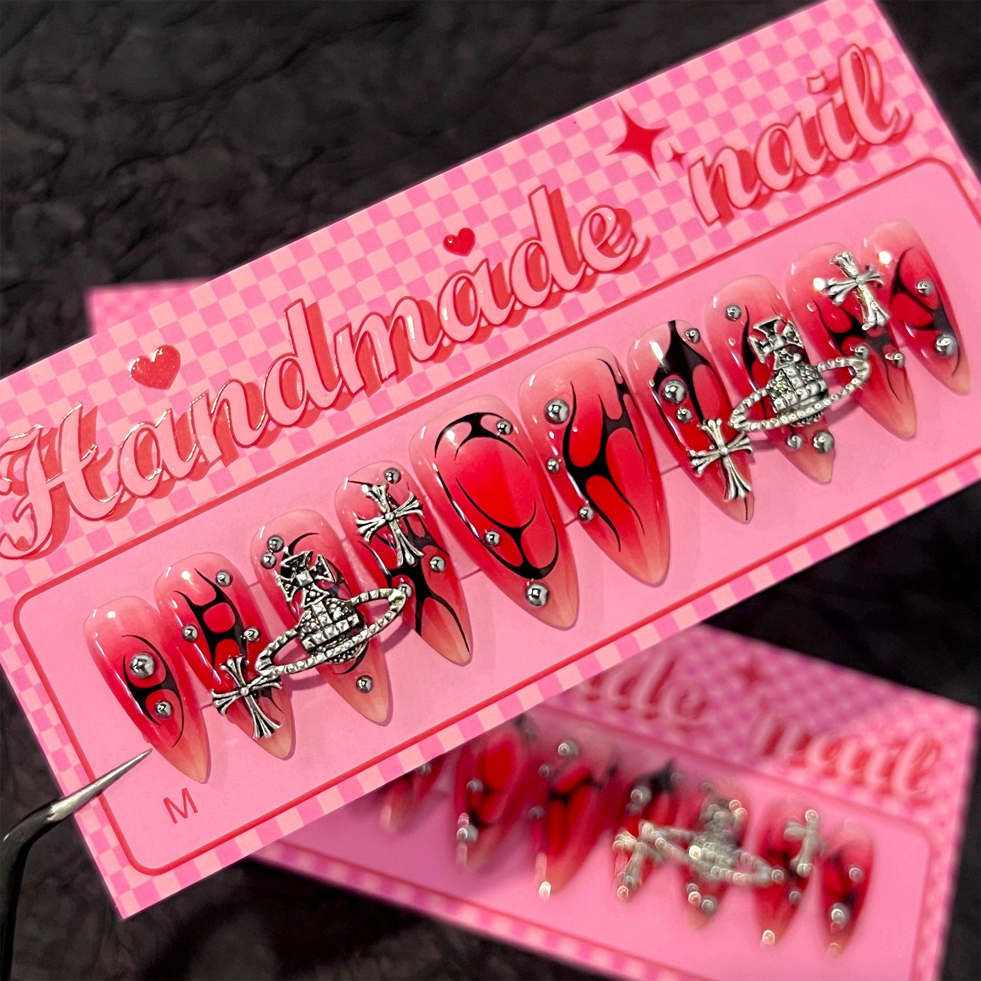 Red-Black Flame Press-On Nails | Stiletto | Handmade with Silver Cross & Planet Charms