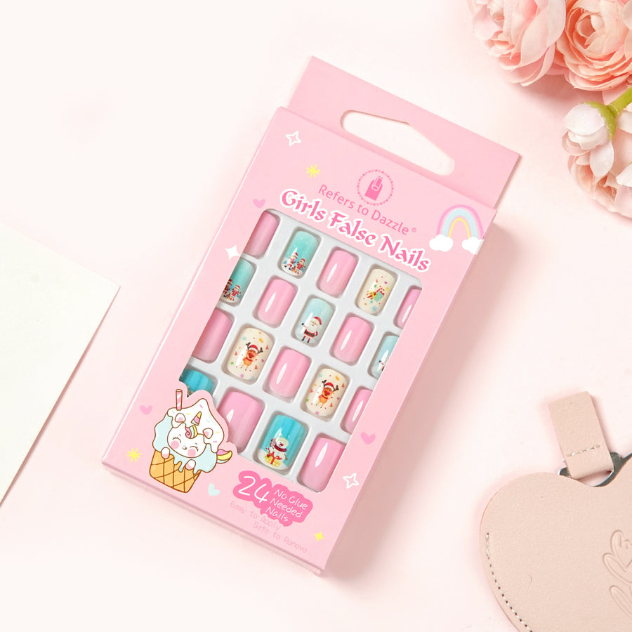 Kids press-on nails Christmas square head manicure Christmas decoration 24 pieces