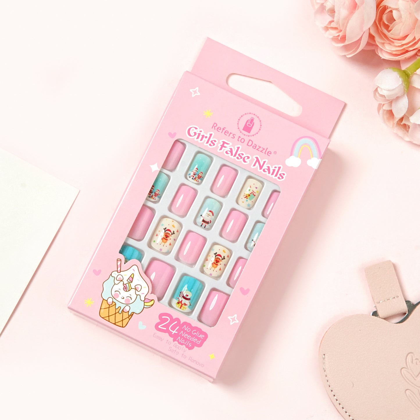 Kids press-on nails 24 short square manicure patches 3-12 years old