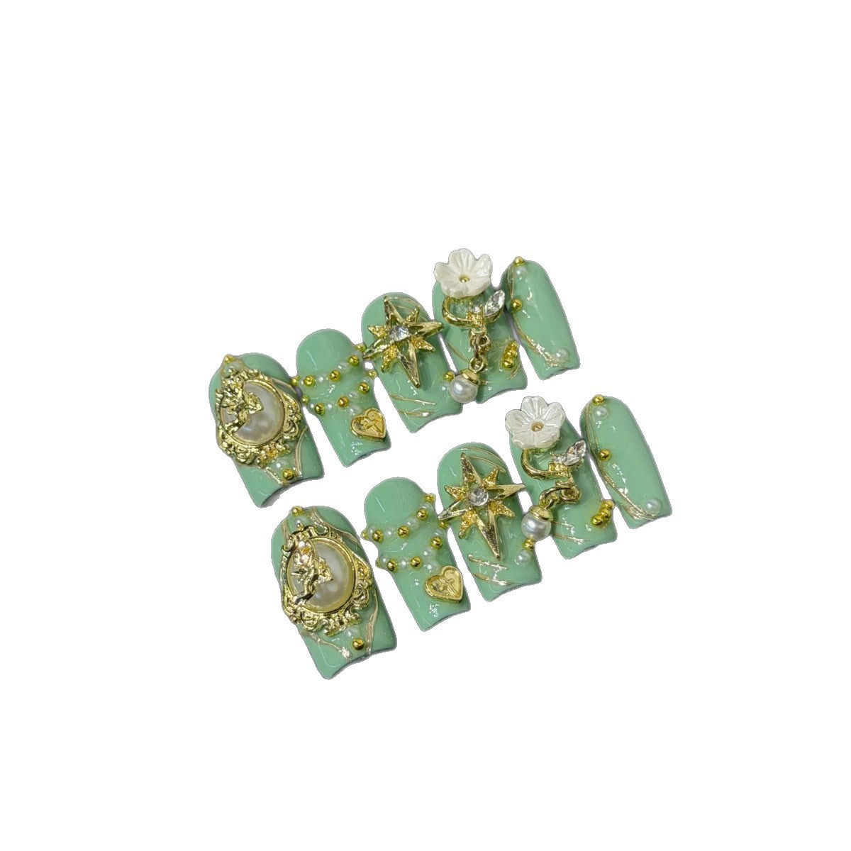 365nails: "Emerald Majesty" – 3D Floral & Gold Handmade Square Nails