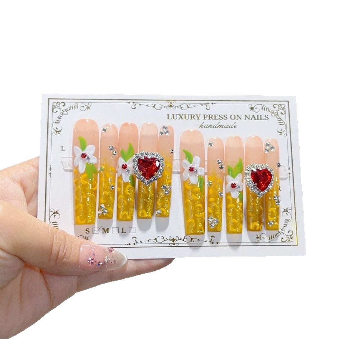 Golden Heart Floral Extra Long Elegant Press On Nails