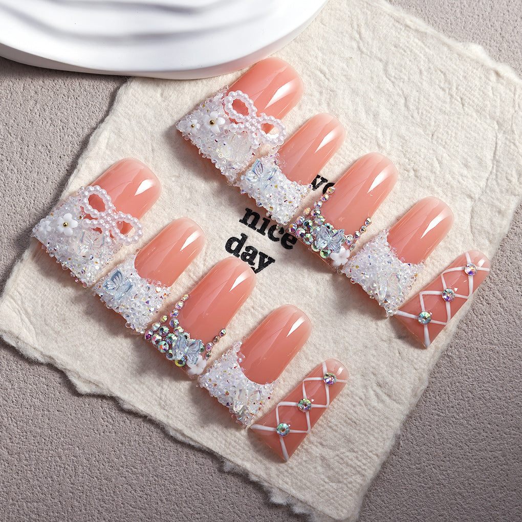 Peach Crystal Sugar Lace French Press On Nails