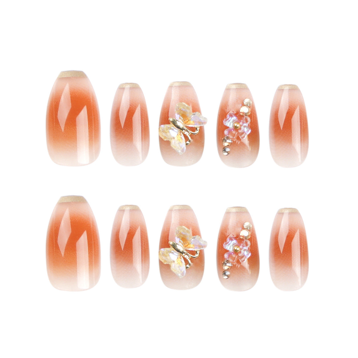 French white edge nail piece wholesale Maillard brown smudged transparent press on nails butterfly flower aurora fake nail｜365nails