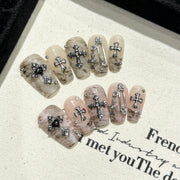 365nails: "Gothic Opulence" – 3D Cross & Chain Handmade Medium Coffin Nails