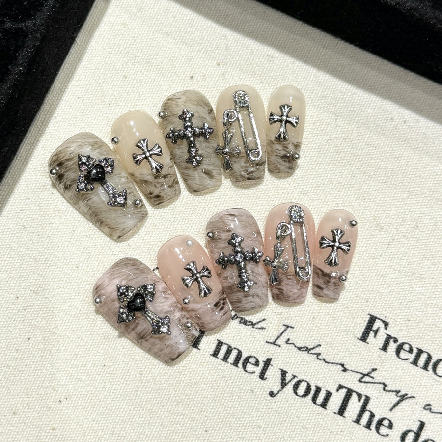 365nails: "Gothic Opulence" – 3D Cross & Chain Handmade Medium Coffin Nails