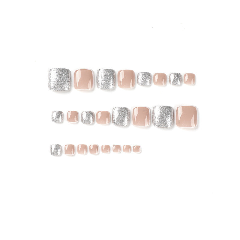 wholesale finished product Nude white edge French  Silver glitter toenail patch Nail art ｜365nails