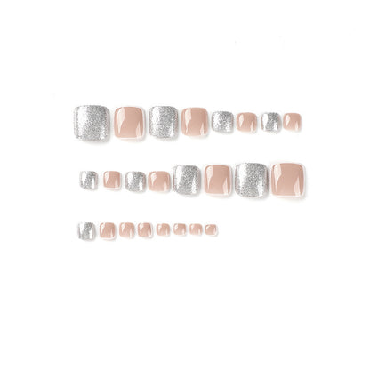 wholesale finished product Nude white edge French  Silver glitter toenail patch Nail art ｜365nails