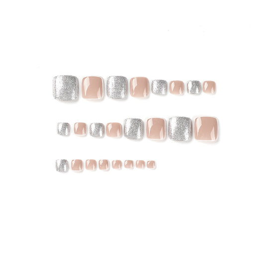 wholesale finished product Nude white edge French  Silver glitter toenail patch Nail art ｜365nails