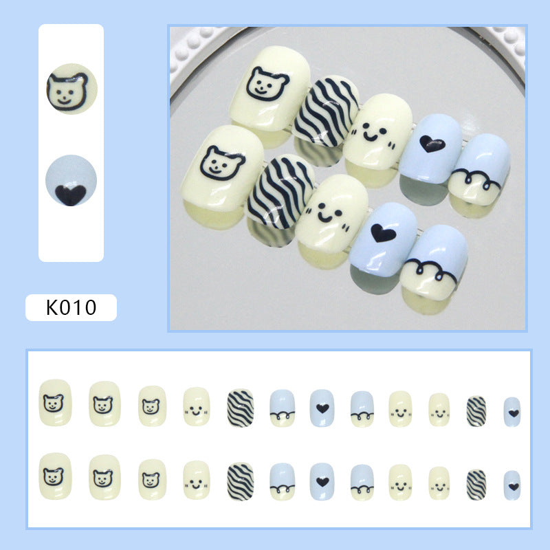 Esquema de cores de rosto sorridente de urso com linhas fofas e simples, manicure fofa para crianças ｜365nails