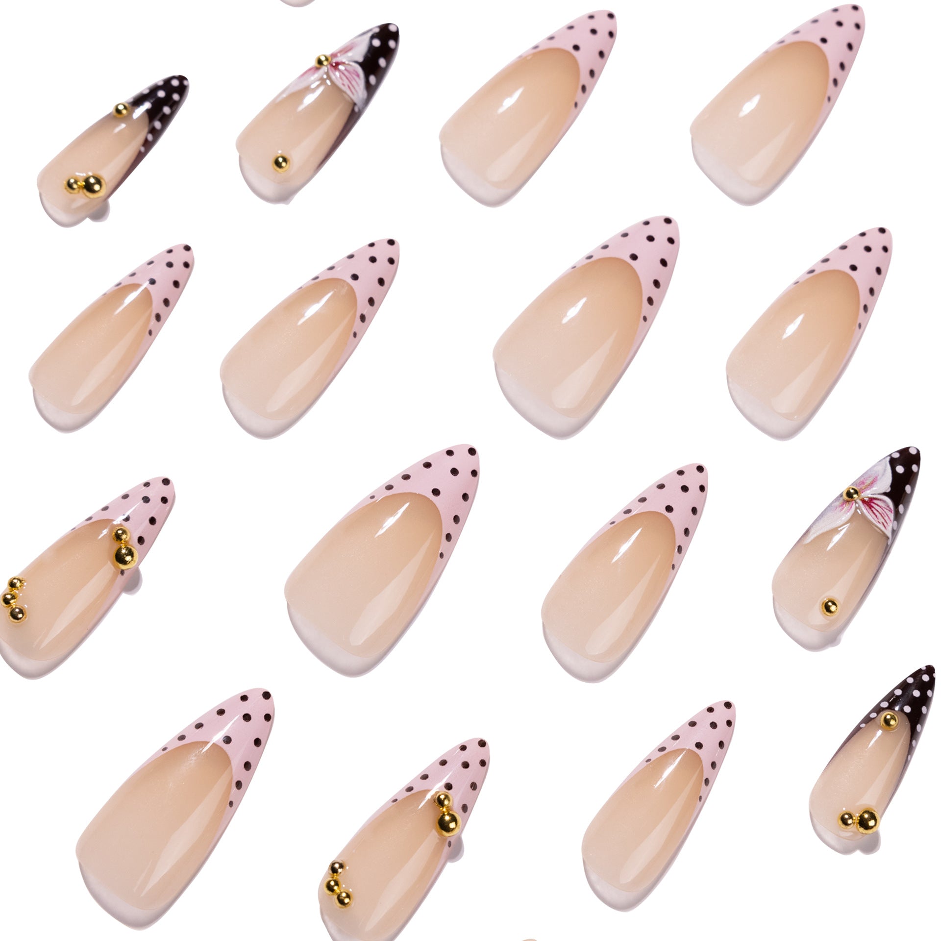 365nails:「3D 粉色花朵配圓點法式尖形」 – 優雅款穿戴甲