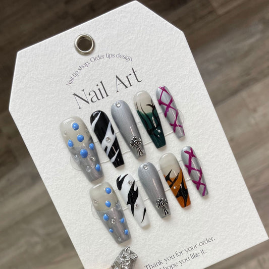 Black impermanence subculture flame hand-painted black and white cool  style handmade nails | 365nails