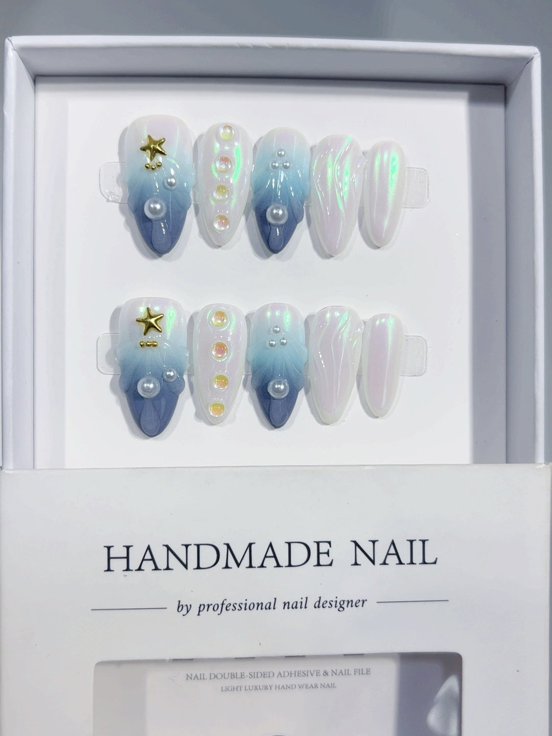 365nails: "Rêve d'Océan Étoilé" – Ongles press-on longs forme stiletto, dégradé bleu, perle, faits main