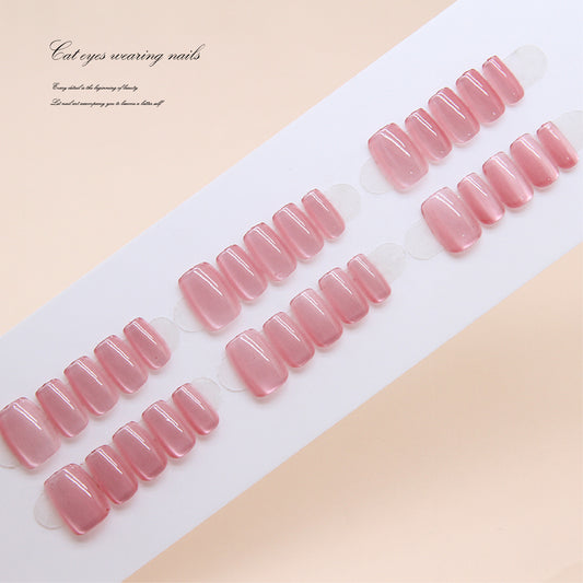Nail Tips  prefabricated nail press on nails Sweet removable cat eye pink crystal nail piece Short T nail patch ｜365nails