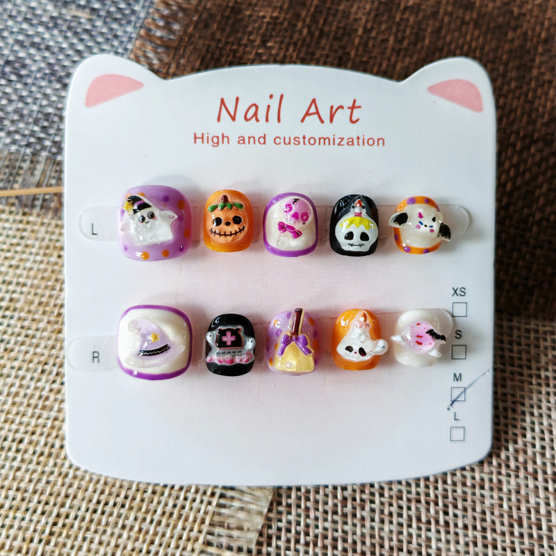365nails-萬聖節驚奇兒童系列：「可愛幽靈嘉年華」 – 兒童短款方形穿戴甲