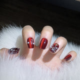 Wine Red Pearl Christmas Press‑On Nails – Snowflake & Ribbon Design