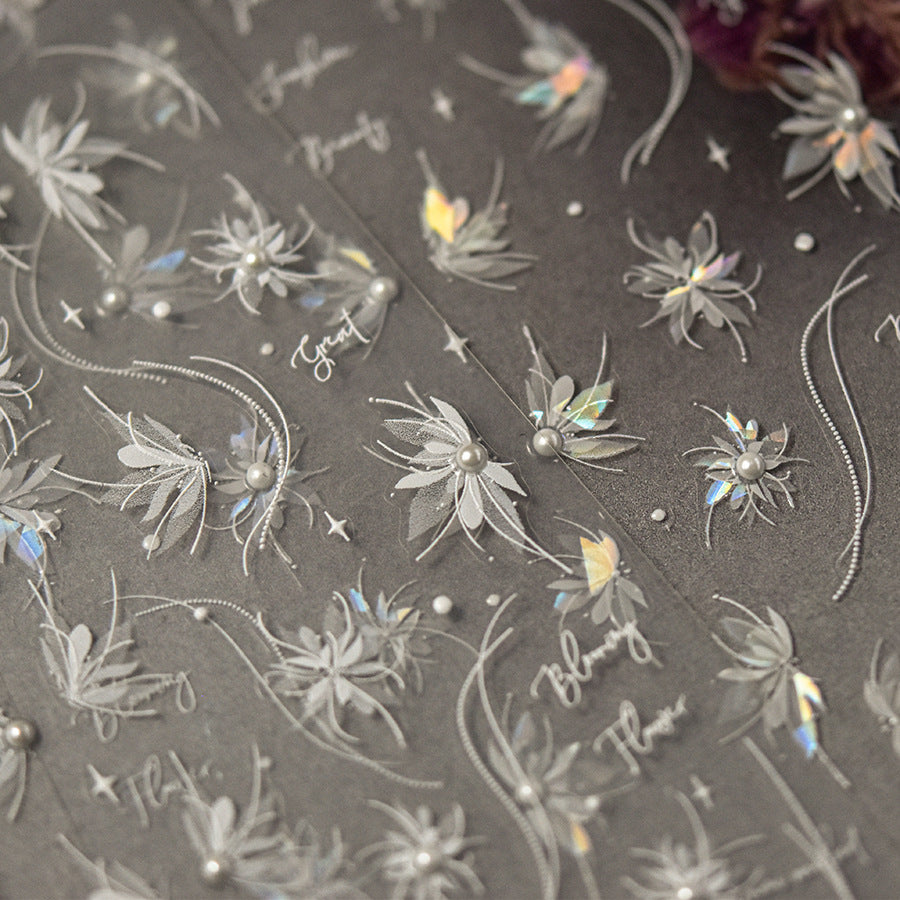 夢幻虹彩盛開花指甲貼紙 | 珍珠、水晶與文字貼飾