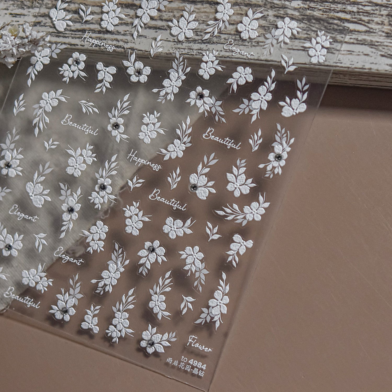 White Floral & Script: "Rainy Garden" – 5D Crystal Diamond Nail Sticker
