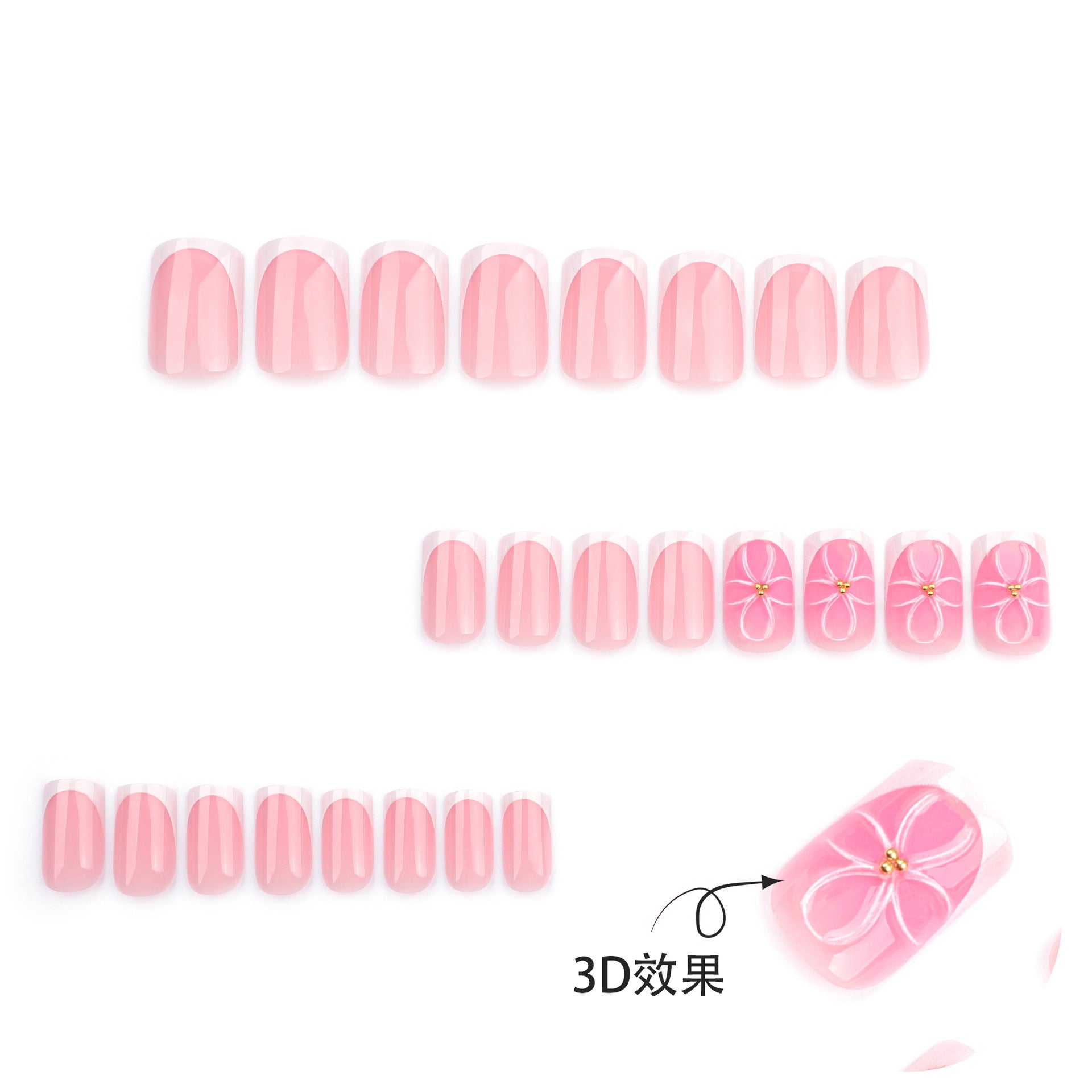 Simple French white  blush 3D flower  short square fake nail piece wholesale｜365nails