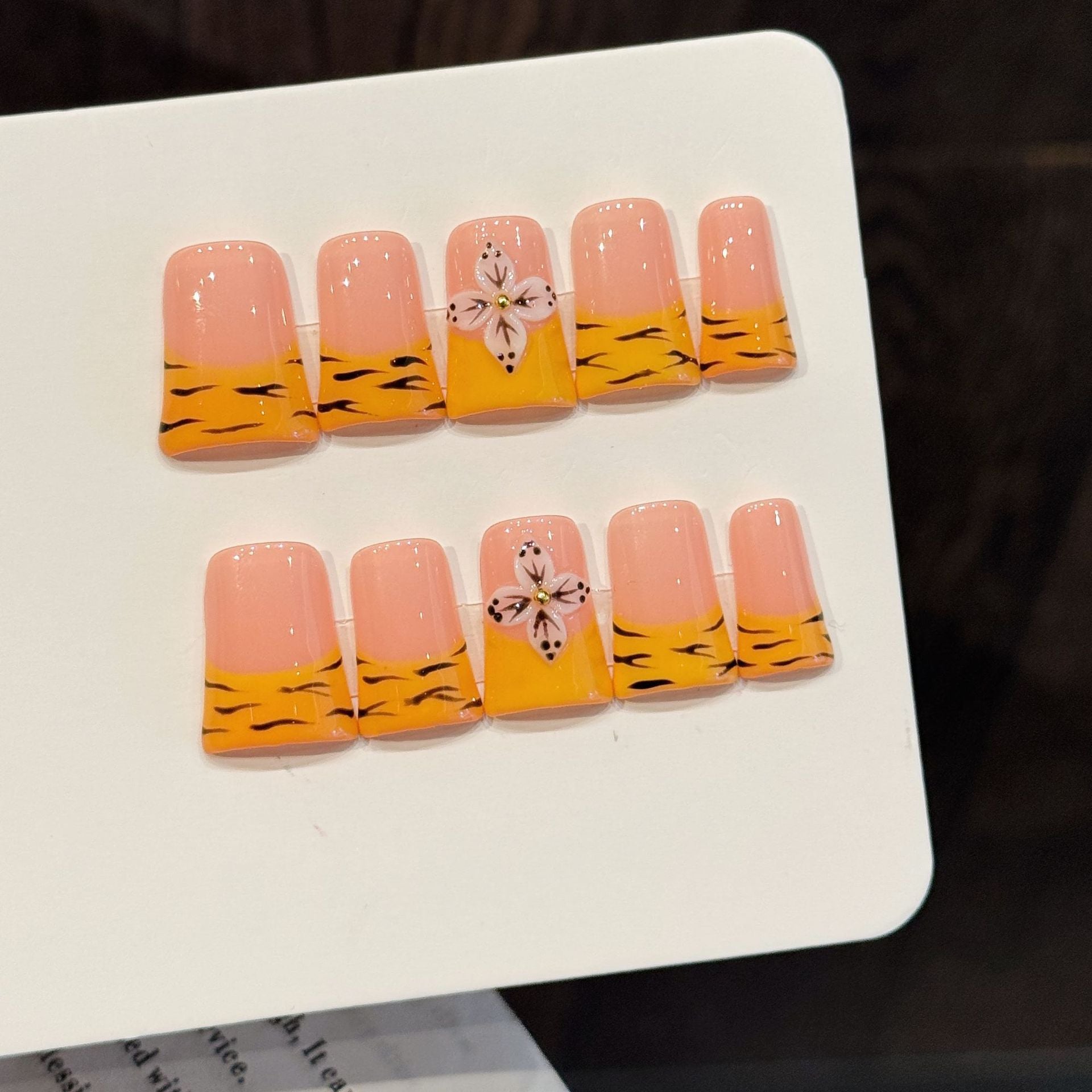 Peach Tiger Stripe Floral Cute Nails
