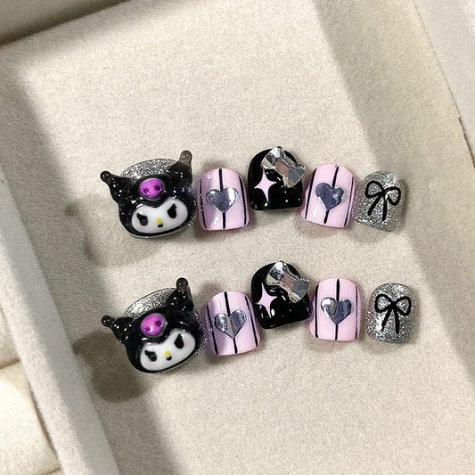 Cute sweet cool girl flash bow love playful white ins wind fake nails kids nails｜365nails