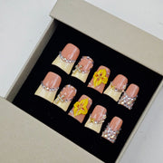 365nails: "Golden Bloom Elegance" – Short Square Nude French Rhinestone Handmade Press-On Nails