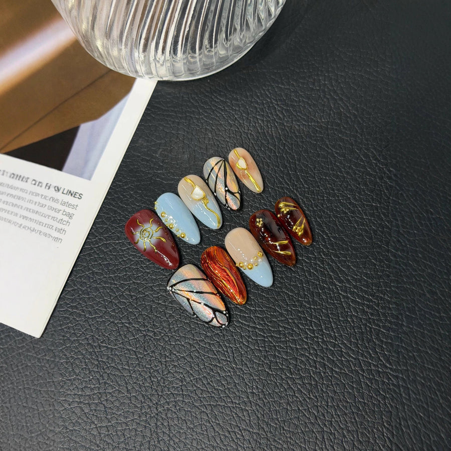 365nails: "Celestial Mosaic" – Hand-Painted Art & Gold Foil Handmade Almond Nails