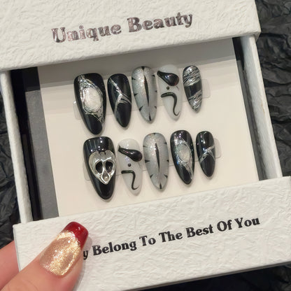 Sweet Cool Dark Black Python Eye Ghost Skeleton Cat Eye Almond Wear nails | 365nails